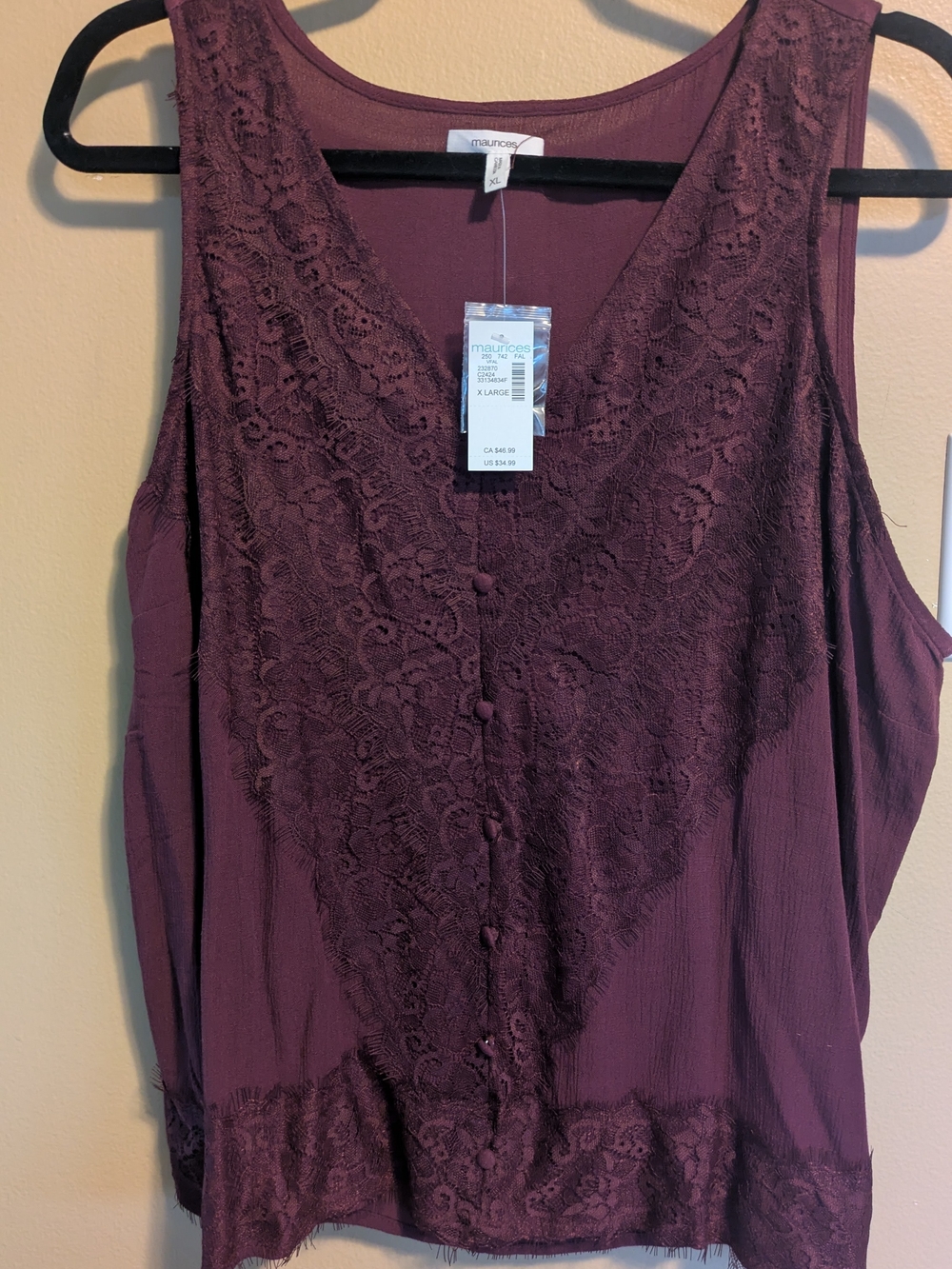 Maurices Lace Trim Button Front Tank Top Purple XL